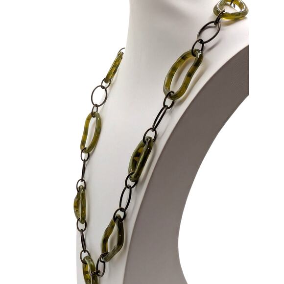 Variegated Camo Green Lucite Multi Shape Antique Bronze Link Chain 26" Necklace - Picture 2 of 9